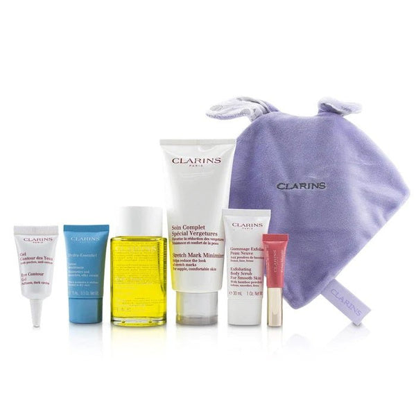 Clarins Beautiful Pregnancy Gift Set 200ml Stretch Mark Minimizer + 100ml Body Oil + 30ml Body Scrub + 15ml Hydra-Essentie Moisturiser + 3ml Eye Contour Gel + 5ml Instant Light Natural Lip Perfector - LookincredibleClarins3380810299809