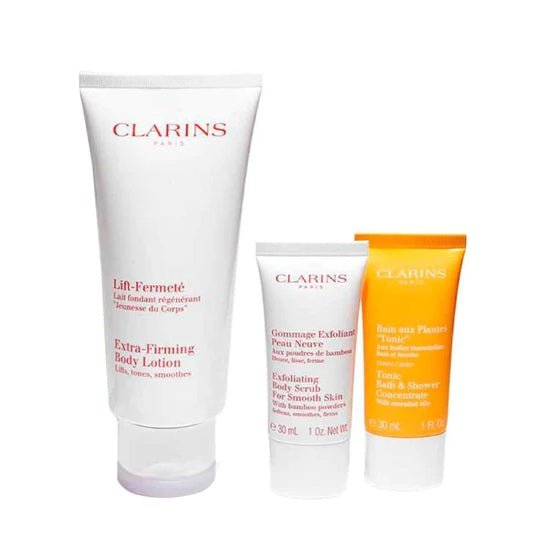 Clarins Gift Set 200ml Extra-Firming Body Lotion + 30ml Exfoliating Body Scrub + 30ml Tonic Bath & Shower Concentrate - LookincredibleClarins3380810299717