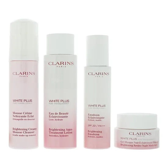 Clarins White Plus Gift Set 150ml Mousse Cleanser + 75ml Brightening Emulsion Spf 20 + 50ml Revive Night Mask-Gel + 200ml Brightening Lotion